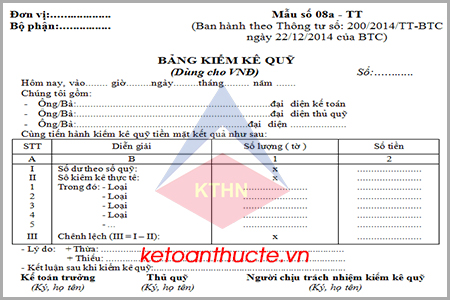 Bảng kiểm kê quỹ tiền mặt và hướng dẫn cách lập theo Thông tư 200