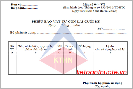 Mẫu Phiếu báo vật tư còn lại cuối kỳ và cách lập theo Thông tư 133
