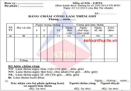 Mẫu bảng chấm công làm thêm giờ và cách lập theo thông tư 200