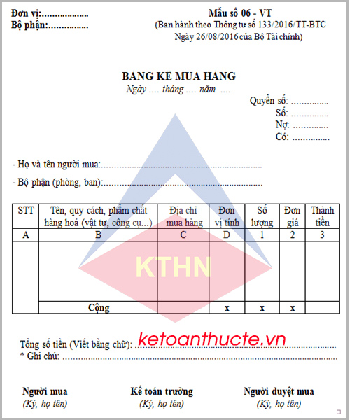Mẫu Bảng kê mua hàng và cách lập theo Thông tư 133