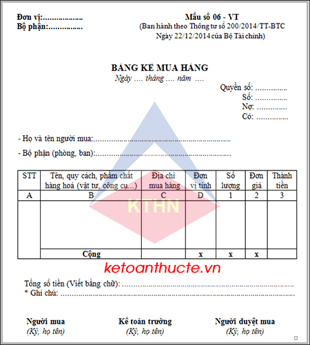 Mẫu bảng kê mua hàng và hướng dẫn cách lập theo Thông tư 200