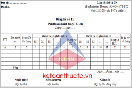 Mẫu bảng kê số 11 (Mẫu số S04b11-DN) theo Thông tư 200