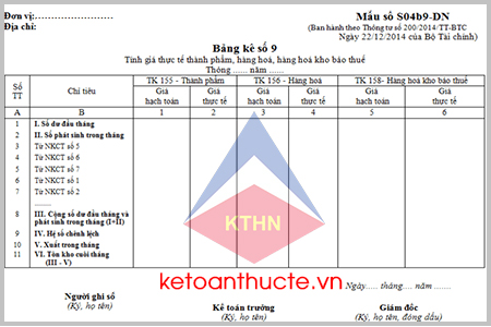 Mẫu Bảng kê số 9 (Mẫu số S04b9-DN) theo Thông tư 200