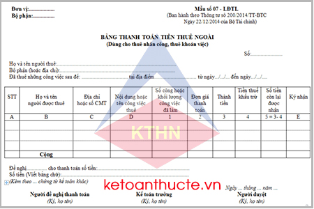 Bảng thanh toán tiền thuê ngoài và cách lập theo thông tư 200