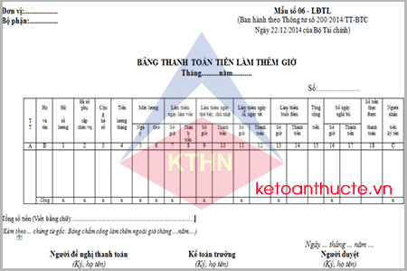 Bảng thanh toán tiền làm thêm giờ và cách lập theo Thông tư 200