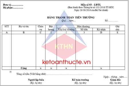 Mẫu bảng thanh toán tiền thưởng và cách lập theo Thông tư 133