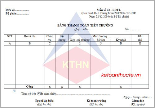 Bảng thanh toán tiền thưởng và cách lập theo thông tư 200