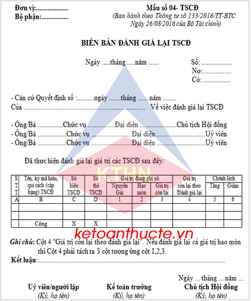 Mẫu Biên bản đánh giá lại TSCĐ và cách lập theo Thông tư 133