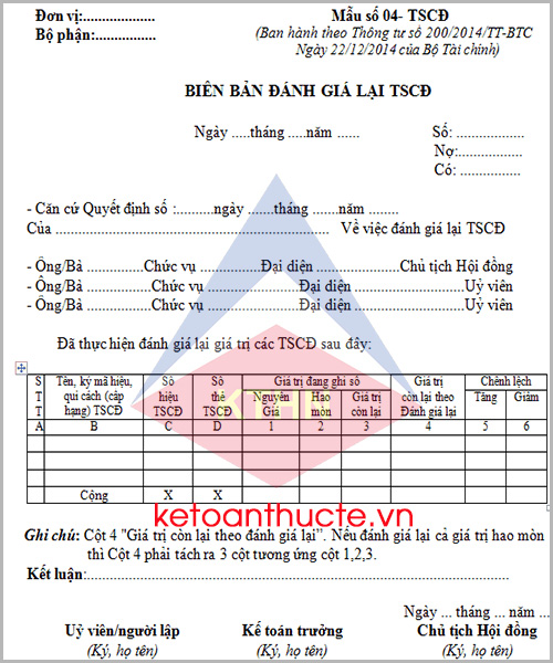 Biên bản đánh giá lại TSCĐ và cách lập theo Thông tư 200