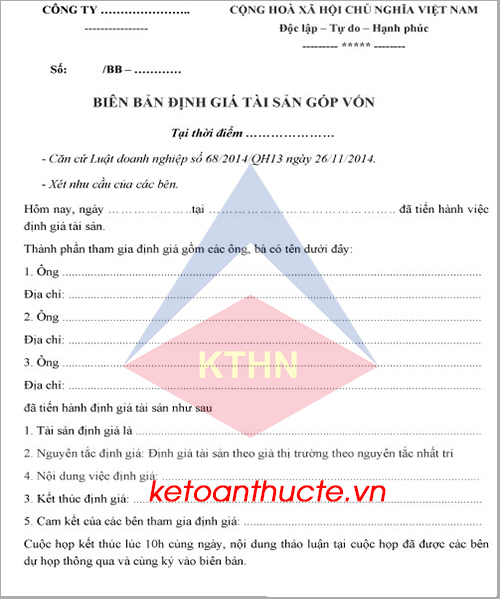 Mẫu Biên bản định giá tài sản góp vốn mới nhất