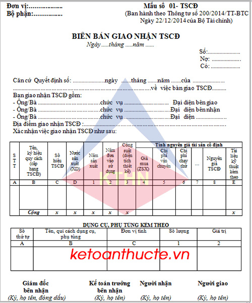 Biên bản giao nhận TSCĐ mẫu 01-TSCĐ theo Thông tư 200