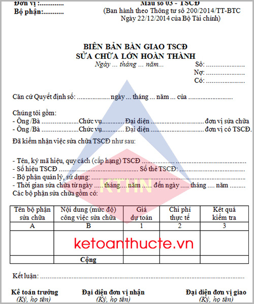 Biên bản giao nhận TSCĐ sửa chữa lớn hoàn thành theo Thông tư 200