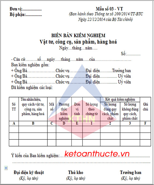 Biên bản kiểm nghiệm vật tư, công cụ, sản phẩm, hàng hóa và cách lập theo TT 200