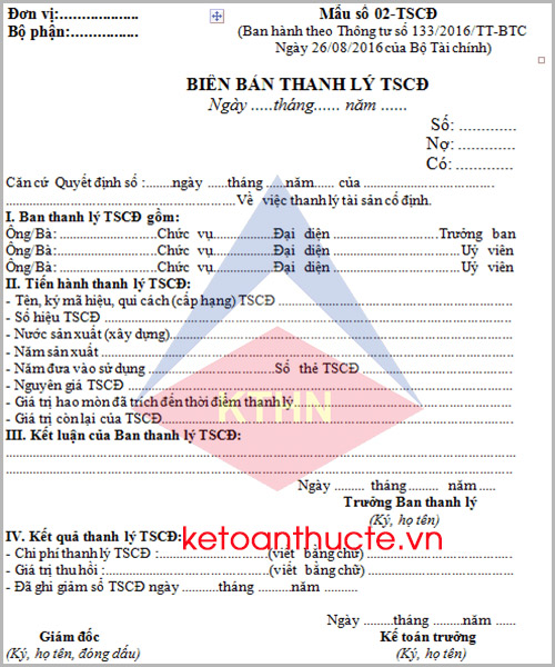 Mẫu Biên bản thanh lý TSCĐ và cách lập theo Thông tư 133