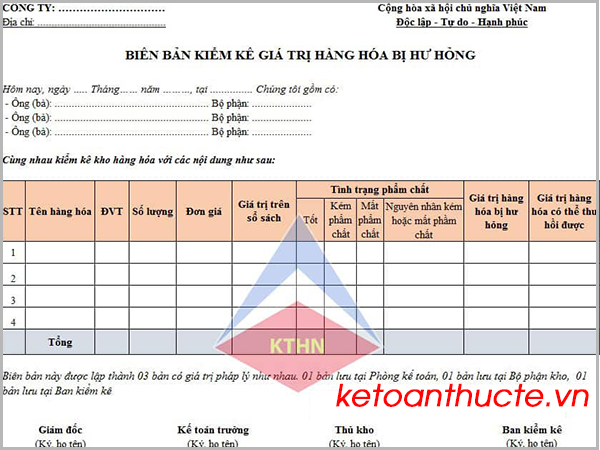 Biên bản kiểm kê hàng hóa bị hư hỏng hết hạn sử dụng