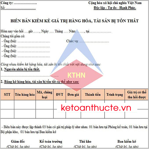 Biên bản kiểm kê hàng hóa, tài sản bị tổn thất