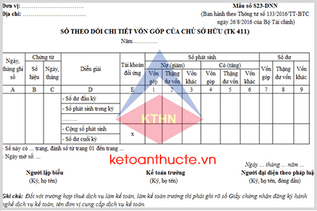 Sổ theo dõi chi tiết vốn góp của chủ sở hữu theo thông tư 133