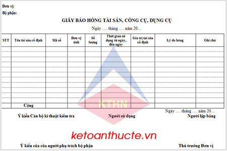 Mẫu giấy báo hỏng tài sản , công cụ, dụng cụ