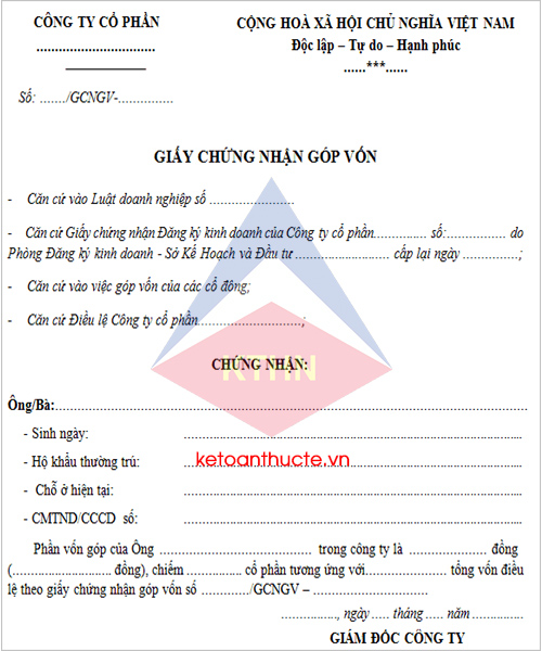 Mẫu giấy chứng nhận phần vốn góp mới nhất