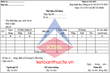 Mẫu thẻ kho (Sổ kho) S12-DN theo Thông tư 200