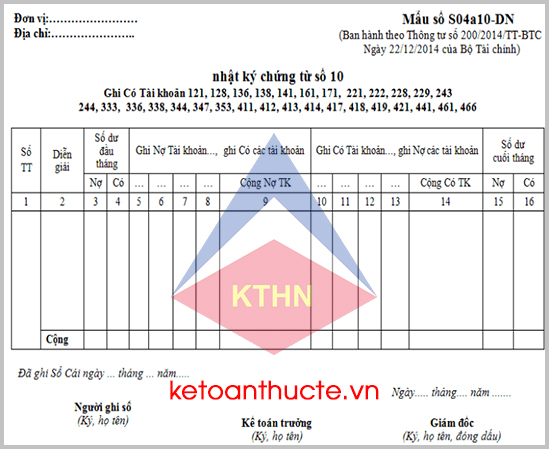 Mẫu Nhật ký – chứng từ số 10 (Mẫu số S04a10-DN) theo Thông tư 200