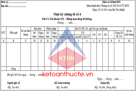 Mẫu Nhật ký – chứng từ số 6 (Mẫu số S04a6 -DN) theo Thông tư 200