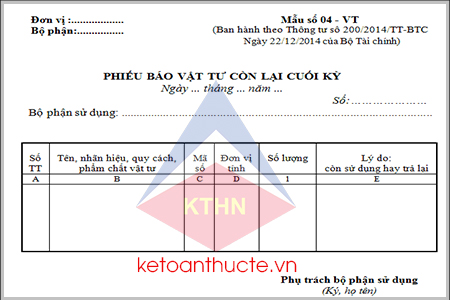 Mẫu phiếu báo vật tư còn lại cuối kỳ và cách lập theo Thông tư 200