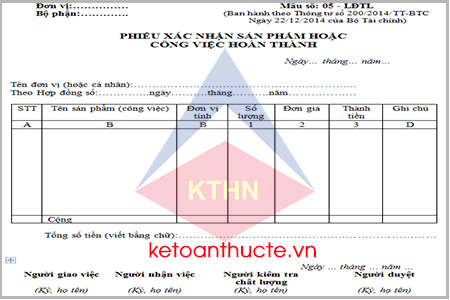 Phiếu xác nhận sản phẩm hoặc công việc hoàn thành mẫu 05-LĐTL thông tư 200