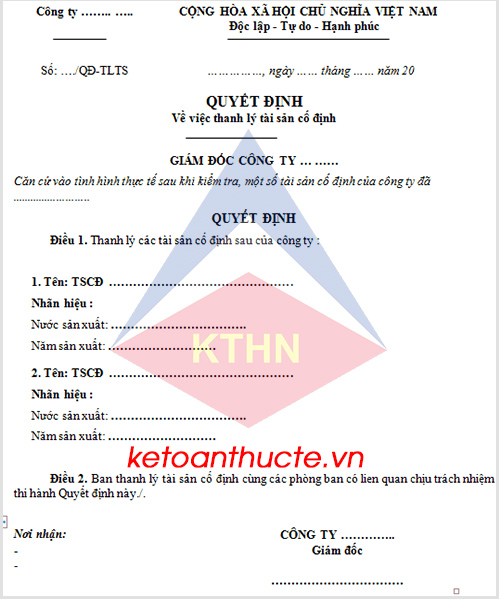 Mẫu Quyết định thanh lý tài sản cố định