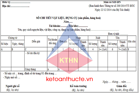 Mẫu sổ chi tiết vật liệu, dụng cụ, SP, hàng hóa S10-DN theo Thông tư 200