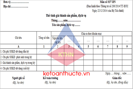 Mẫu thẻ tính giá thành sản phẩm, dịch vụ theo Thông tư 200