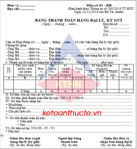 Mẫu Bảng thanh toán hàng đại lý, ký gửi và cách lập theo Thông tư 200